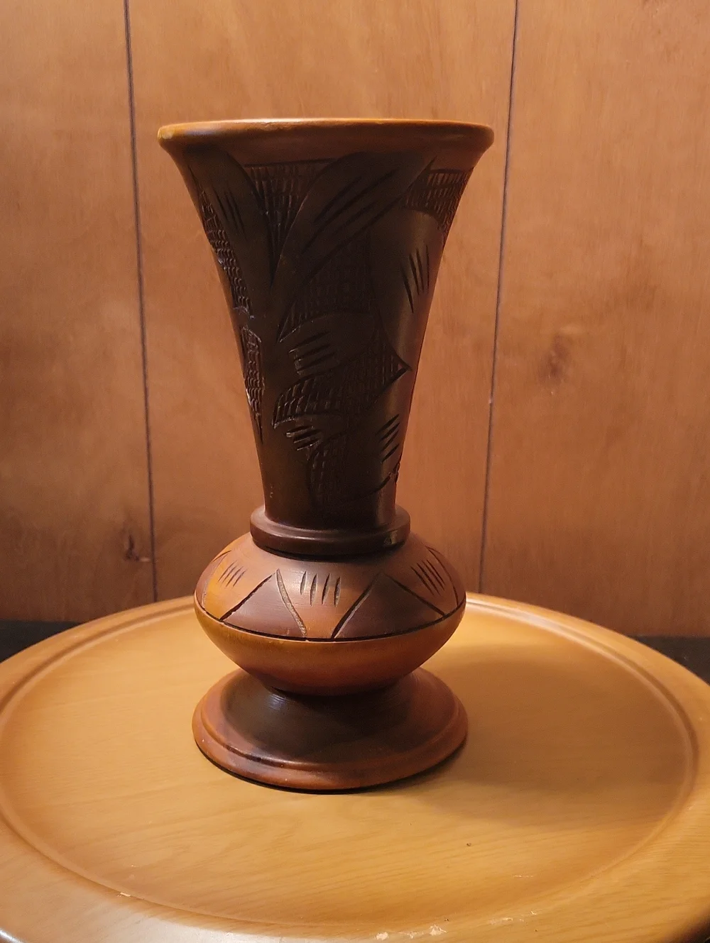 Vintage  Boho Hand-Carved Brown Decorative Wooden Vase Mid Century